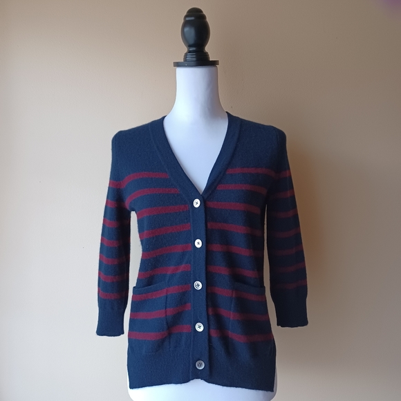 Demylee New York 100% Cashmere Cardigan Sweater Navy & Red Wine Striped Size XS - Picture 1 of 13